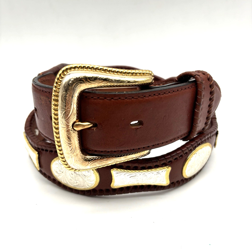 Nocona 2218023 Brown Leather Gold/Silver Two-tone Concho Western Belt 38 36-40"